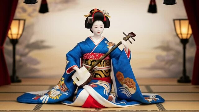 Origami Geisha Girl Playing Shamisen in Japanese Scenery