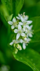 Close-up of delicate white flowers with dew drops, vibrant green foliage background