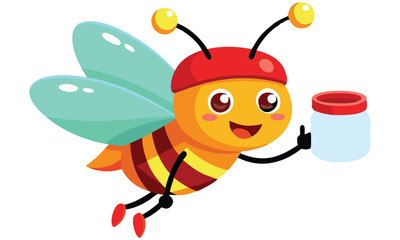 Happy cartoon bee holding honey jar