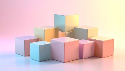 Obraz premium Vivid pastel gradient lighting washing over a minimal set of smooth cubes, creating a dynamic interplay of warm and cool tones