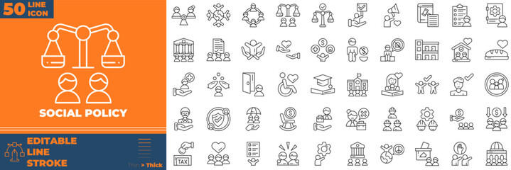 Social Policy Line Editable Icons set. Vector illustration in modern thin line style of social policy icons: education, insurance, law, goverment, etc