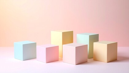 Fototapeta premium Vivid pastel gradient lighting washing over a minimal set of smooth cubes, creating a dynamic interplay of warm and cool tones