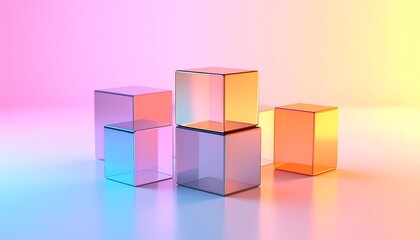 Obraz premium Vivid pastel gradient lighting washing over a minimal set of smooth cubes, creating a dynamic interplay of warm and cool tones