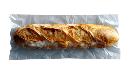 Freshly baked golden French baguette with diagonal cuts wrapped in clear plastic on a transparent background