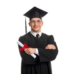 Happy student with diploma after graduation on white background