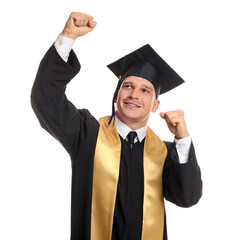 Happy student after graduation on white background