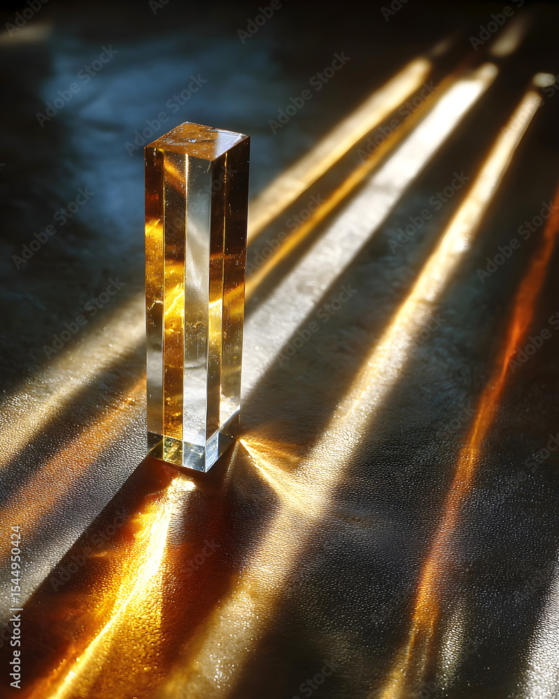 Poster transparent crystal prism standing upright on a reflective surface, illuminated by warm sunlight, ca