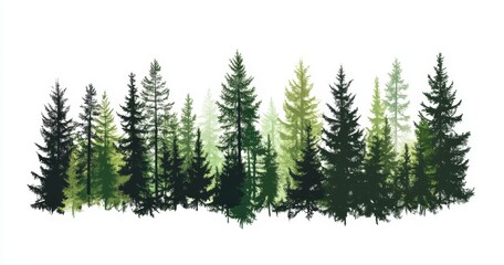 Fototapeta premium The taiga landscape, complete with coniferous forest containing firs and pines, and a mix of trees and grass, is illustrated in modern as a silhouette against a clean white background