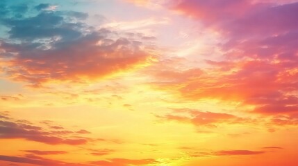 Vibrant sunset sky with swirling clouds. Fiery hues blending in gradient, abstract natural backdrop