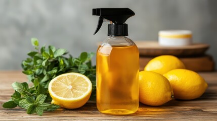 A spray bottle with amber liquid is surrounded by fresh lemons and green mint leaves on a wooden surface.