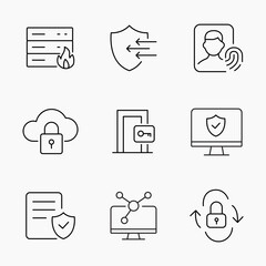 Outline Icon Set illustrating cloud security, access control, identity verification and IT infrastructure, Perfect for cybersecurity and digital protection themes