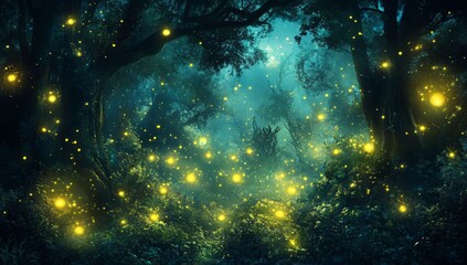 Nighttime in a magical forest filled with a mesmerizing display of glowing lights