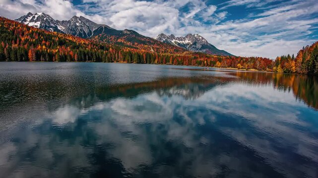 Mountain reflection shimmering across alpine lake, snow capped Zugspitze surrounded by vibrant autumn foliage in Bavarian landscape