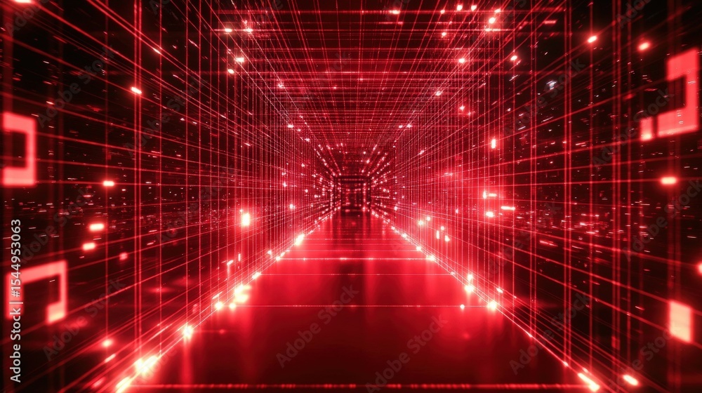 Aufkleber futuristic red digital tunnel with glowing grid lines and floating data symbols creating a high-tech