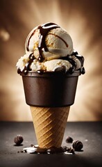 Vanilla Chocolate Ice Cream in Waffle Cone on Brown Table – Vintage Style