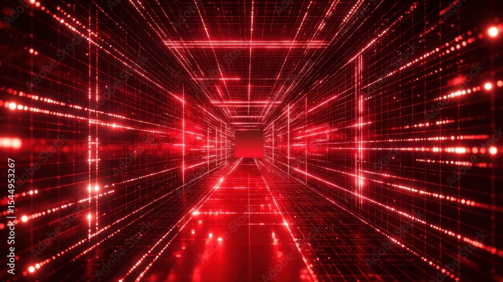 Poster a futuristic digital tunnel glowing with red neon lights and grids, creating a high-tech and immersi