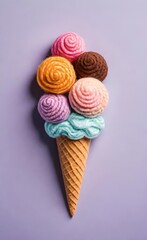 Hand-knitted wool ice cream with cone, flat lay on lilac background, realistic style, bright image