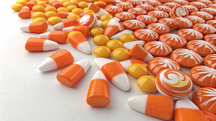 Halloween candy corn and orange sweets assortment for trick or treat celebration seasonal holiday treat