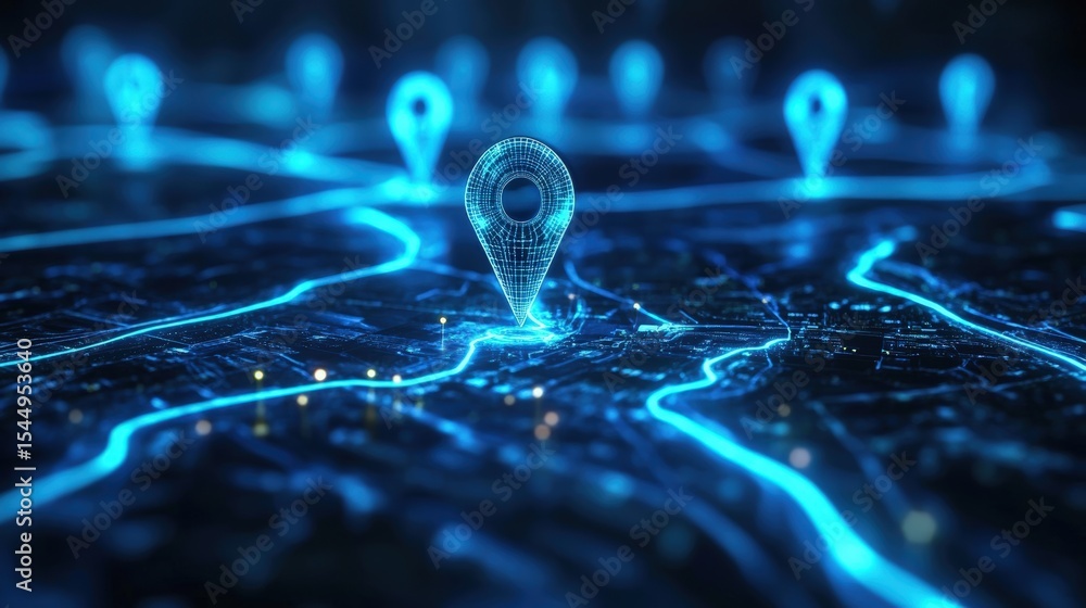Poster a digital glowing map with holographic location pins highlighting connectivity and navigation in a f
