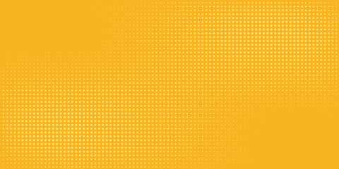 Yellow halftone pattern. Retro comic gradient background. Bright orange pixelated dotted texture overlay. Cartoon pop art faded gradient pattern. Vector backdrop for poster, banner, advertisement