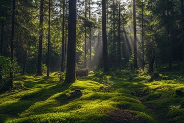 Obraz premium Gorgeous sun rays and spectacular light can be found in the forest during a summer morning