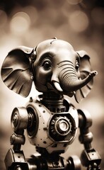 Vintage Robot Baby Elephant Portrait, Retro Futuristic Brown Tone