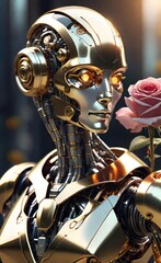 Elegant Fashion Robot with Floral Hair in Futuristic Garden