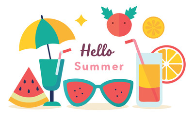 Hello summer flat lay illustration with drinks and fruits