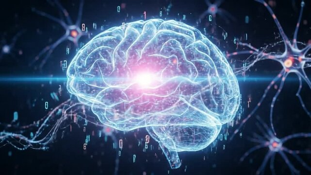 3D digital brain visualization with glowing connections and binary code for technology concept