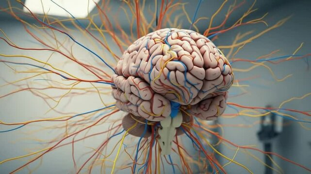 3D anatomical brain model with colorful neural connections for education concept