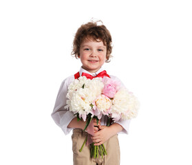Cute little boy with bouquet of beautiful peonies on white background