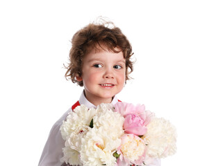 Cute little boy with bouquet of beautiful peonies on white background