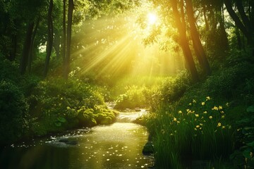 A picturesque display of a thriving green forest with a carpet of fallen leaves and strewn tree branches