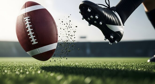 American Football Kickoff Dynamic Action Shot of a Player Kicking the Ball on a Lush Green Field