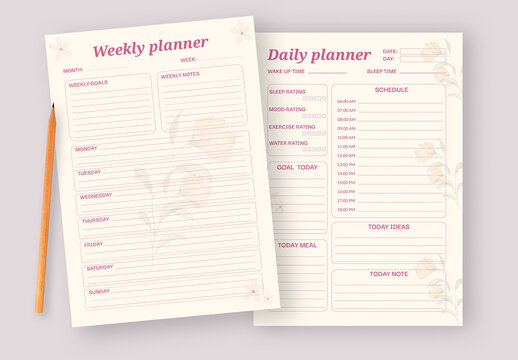 Daily Weekly Planner Layout with Floral Elements