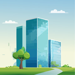 Eco-friendly building in the modern city. Sustainable glass office building with tree