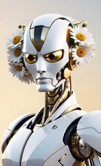 White futuristic glossy Robot with chamomiles and funny eyes in sunrise.