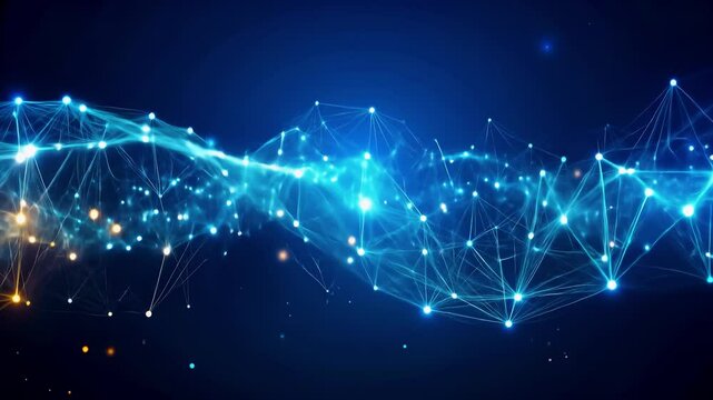 Abstract network of glowing smart dust sensor particles in a digital wave pattern, representing futuristic nano technology, data communication, and interconnected systems in a virtual space.