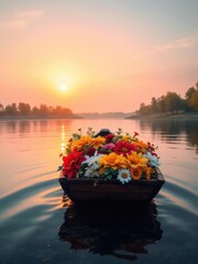 A boat filled with colorful flowers floating on a river at sunset with trees in the background view