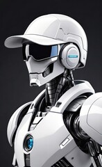 Futuristic Baseball Robot Player in Cap, Sci-Fi Sportsman, Studio Shot on Gray Background