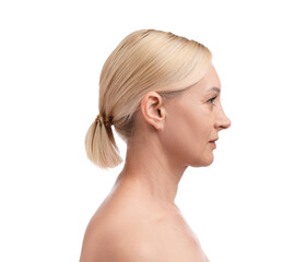 Portrait of beautiful blonde woman on white background