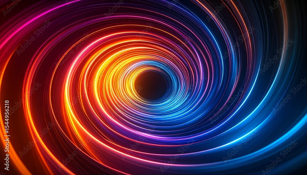 Poster glowing geometric vortex spiraling into infinity, sharp lines contrasted with smooth
