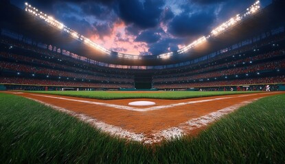 A dramatic, wide-angle view of a baseball field"s home plate at sunset inside a brightly lit stadium filled with spectators.