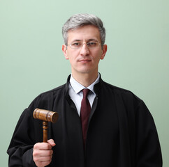 Portrait of judge with mallet on green background