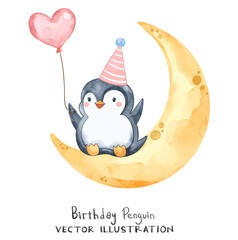 Cute little penguin sit on the moon and holds heart balloon. Watercolor vector perfect for birthday project and greeting cards design