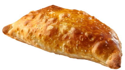 Golden flaky pastry turnover with crispy crust and savory filling on a transparent background