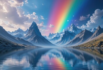Montañas de cristal que reflejan cielos arcoíris sobre aguas tranquilas. Sugiere pureza, belleza sobrenatural, un paisaje surrealista de luz y color