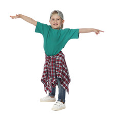 Happy little boy dancing on white background