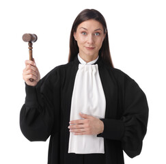 Portrait of judge with mallet on white background