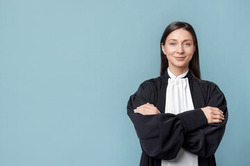 Judge on light blue background, space for text
